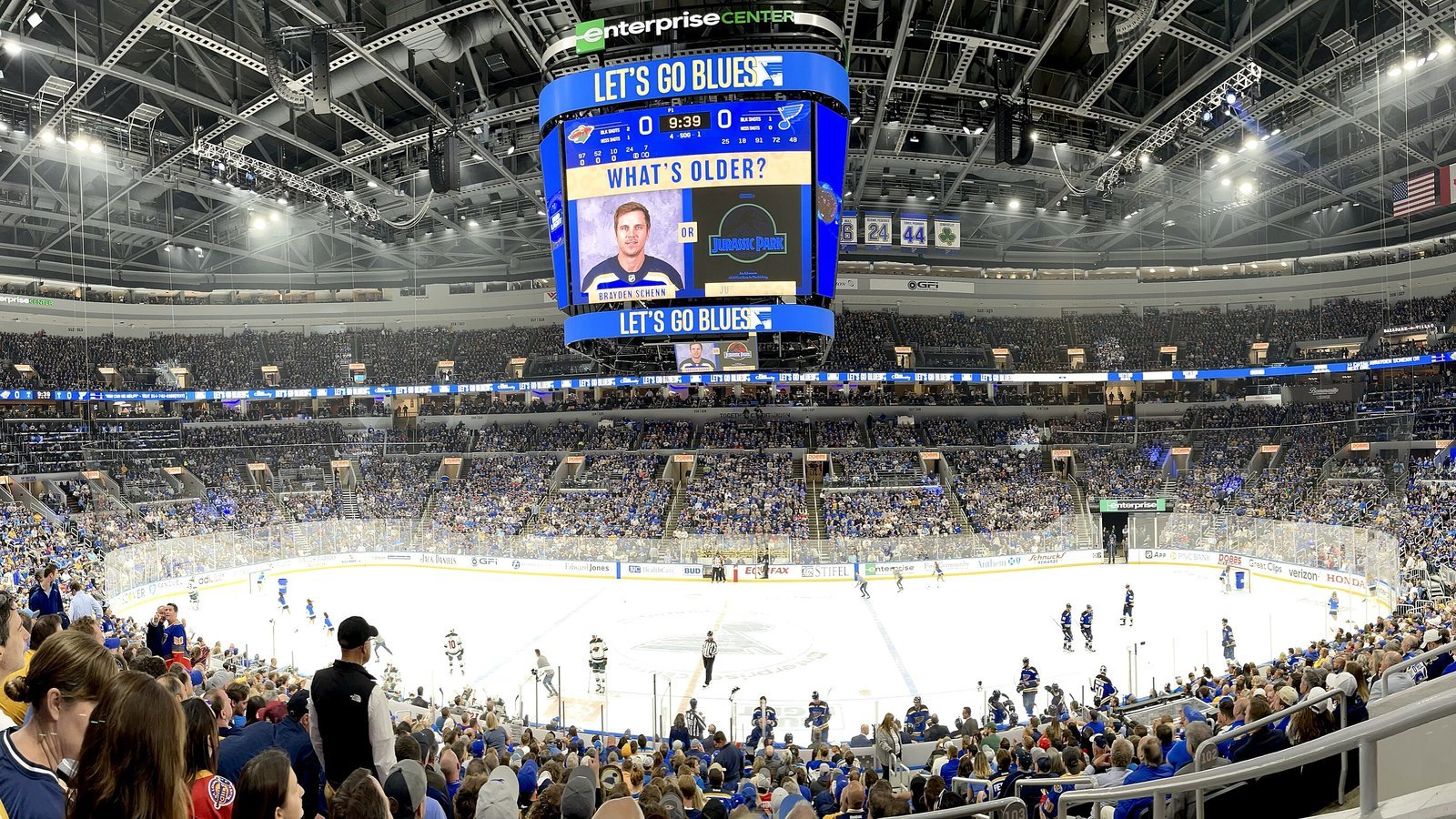 Interior of Enterprise Center in St. Louis during a Blues hockey game