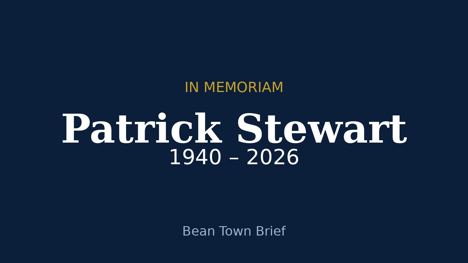 Text card reading Patrick Stewart, 1940 to 2026